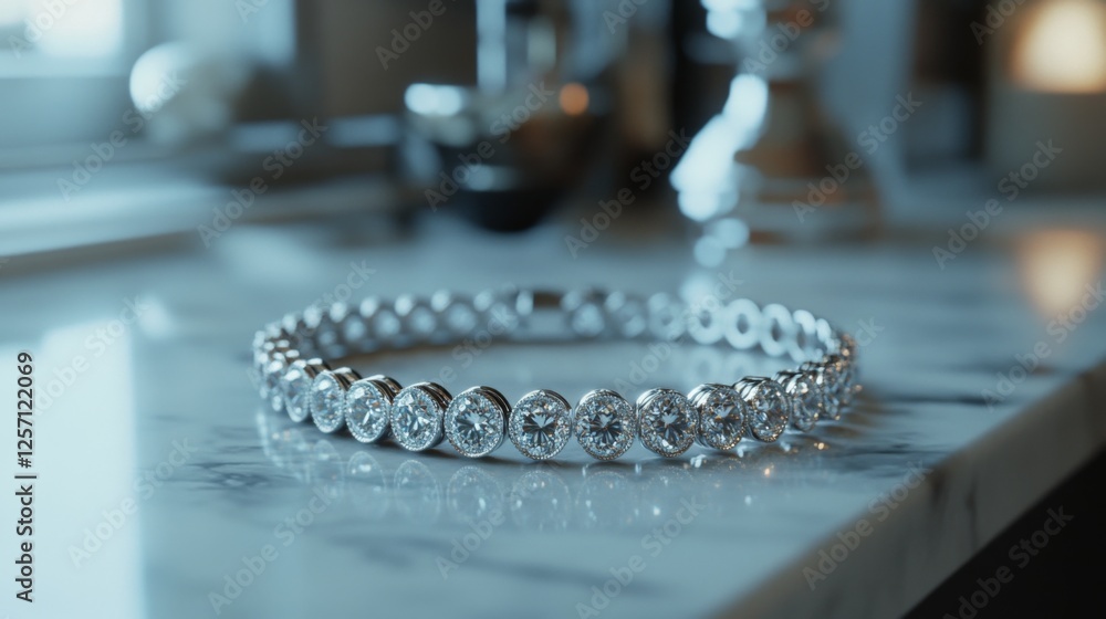 Poster An elegant diamond-studded bracelet resting on a marble countertop, showcasing the intricate details and the sparkle of each stone