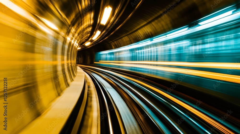 Poster an impressive view of a high-speed train passing through a tunnel, with lights reflecting off its sl