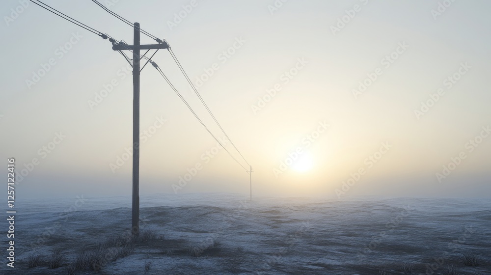 Poster an isolated utility pole in a barren landscape, emphasizing its role in providing power amidst a vas