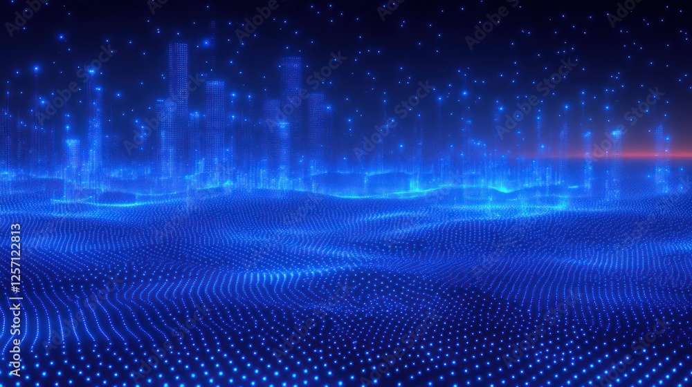Poster futuristic blue wave pattern in digital landscape with neon glow and depth
