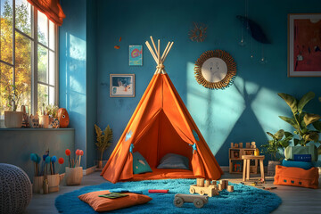 Playful and colorful kids' room with an orange teepee, blue walls, and wooden toys. Bright turquoise cushions and colorful decor add charm, creating a lively, imaginative space for children.