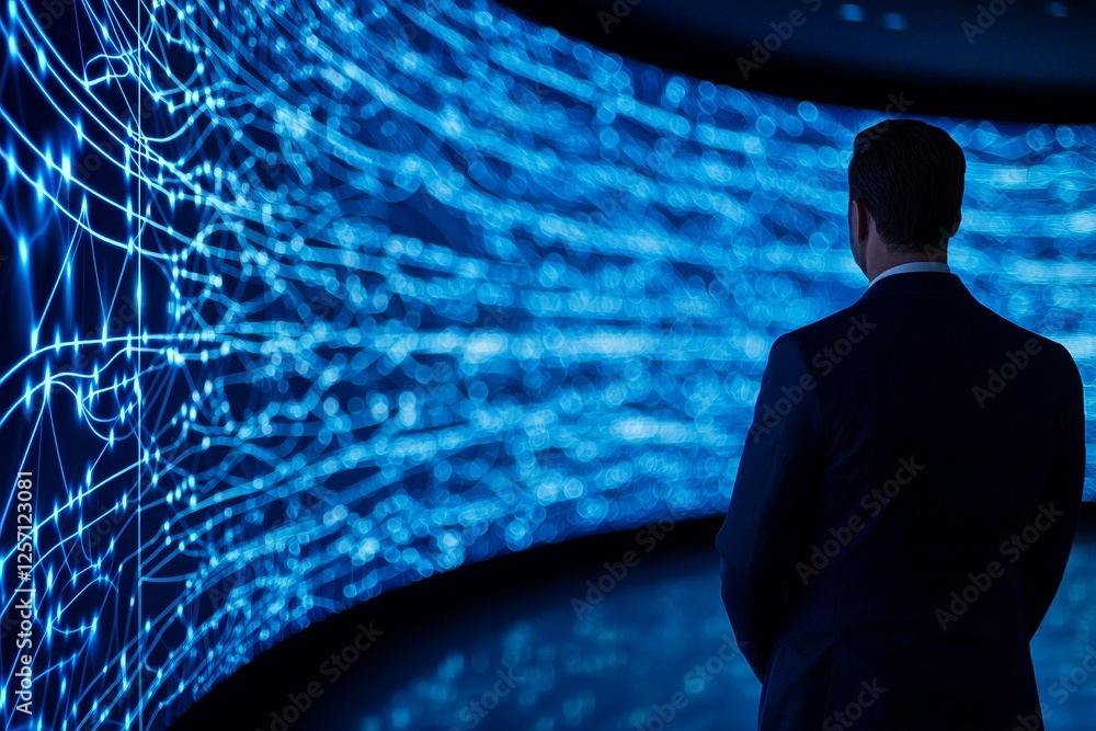 Poster digital transformation strategy adaptation concept. a person observing abstract blue digital data pa