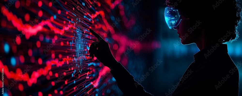 Poster digital transformation innovation and adaptation concept. a person interacting with a digital interf