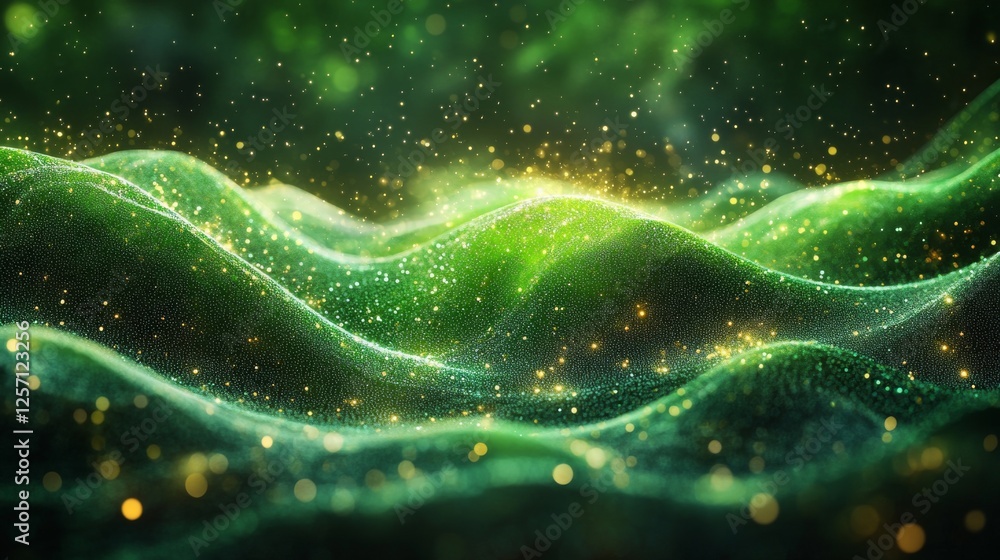 Poster Emerald Landscape: Abstract Green Waves with Golden Lights, A Mesmerizing Display of Digital Art and Fluid Motion, Creating a Dreamlike Scenery of Shimmering Particles.