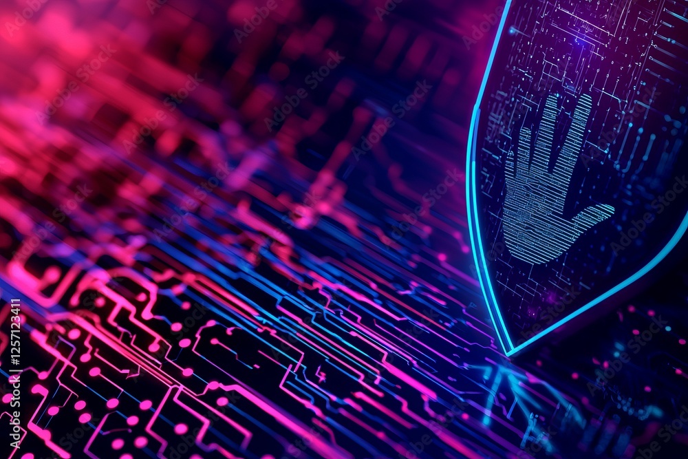 Poster fintech security automation concept. abstract digital design featuring a hand and shield in vibrant 