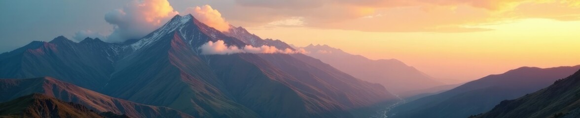 Fototapeta premium Clouds float gently above rugged mountain range at golden hour, hills, mountain