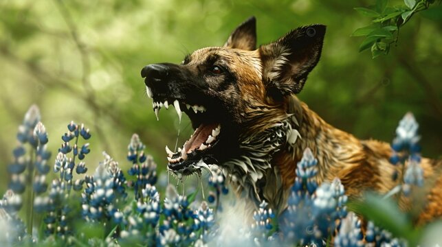 Aggressive rabid dog snarling with frothy saliva, intense eyes, and raised fur, isolated on a blurred background. Concept of danger, wild animal behavior, and rabies awareness