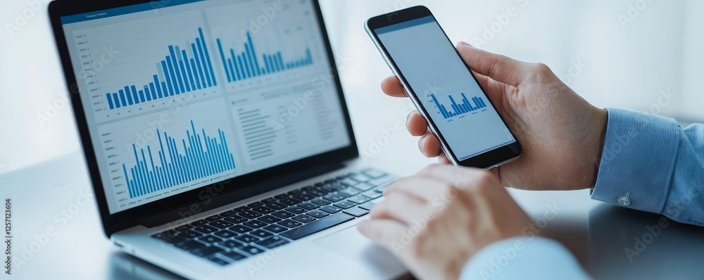 Poster marketing analytics consumer optimization concept. business professional analyzing data on a laptop 