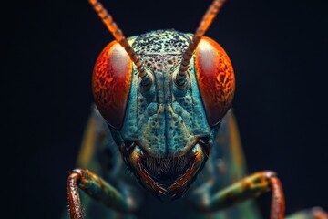 Rice Grasshopper in studio, copy space on right side, Headshot, Close-up View, isolated on black background