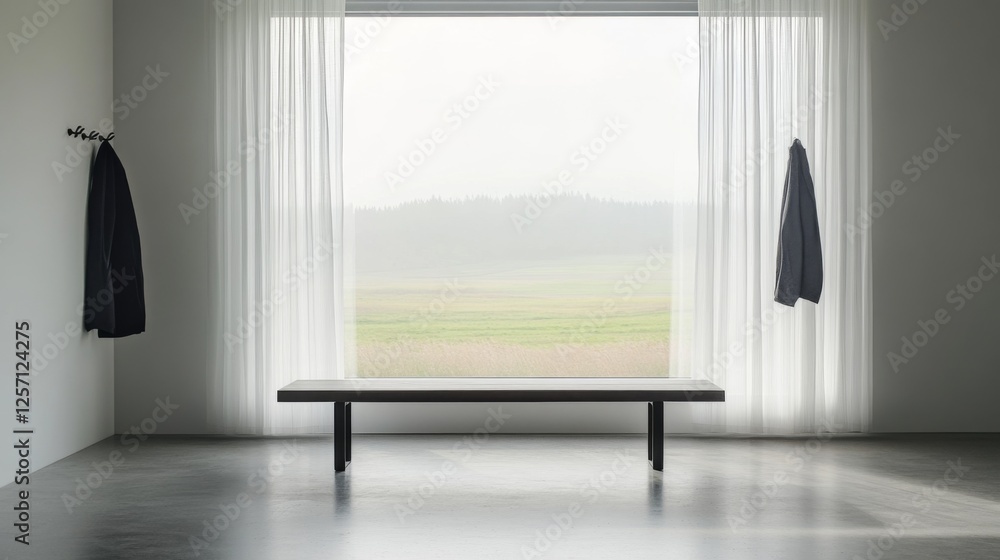 Poster A close-up of a minimalist entryway with a simple bench, hooks for coats, and natural light streaming through a large window, creating a welcoming atmosphere
