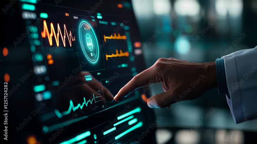 Poster health tech platform analytics concept. close-up of a hand interacting with a futuristic digital int