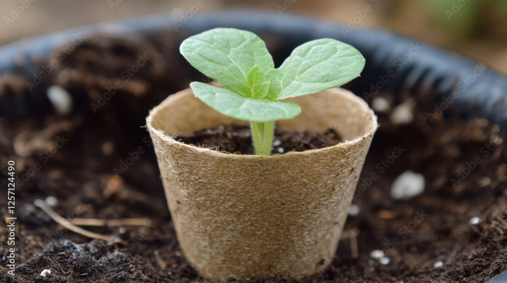 Poster a close-up of a seedling in a biodegradable pot, ready to be planted, with the tender leaves and roo
