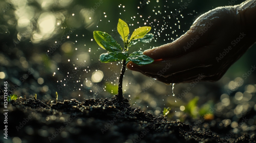 Poster a close-up of a small tree being watered by hand, with droplets of water glistening on the leaves an