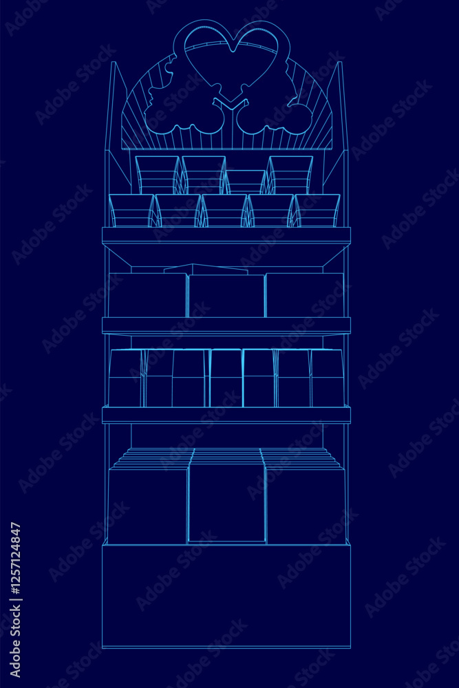 Poster a blue drawing of a tall shelf with a heart on top. the shelf is filled with boxes and bottles