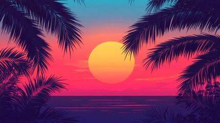 Obraz premium A close-up of a sunset with a silhouette of palm trees framing the horizon, capturing the warm, vibrant colors of the sky as the sun dips below the horizon.