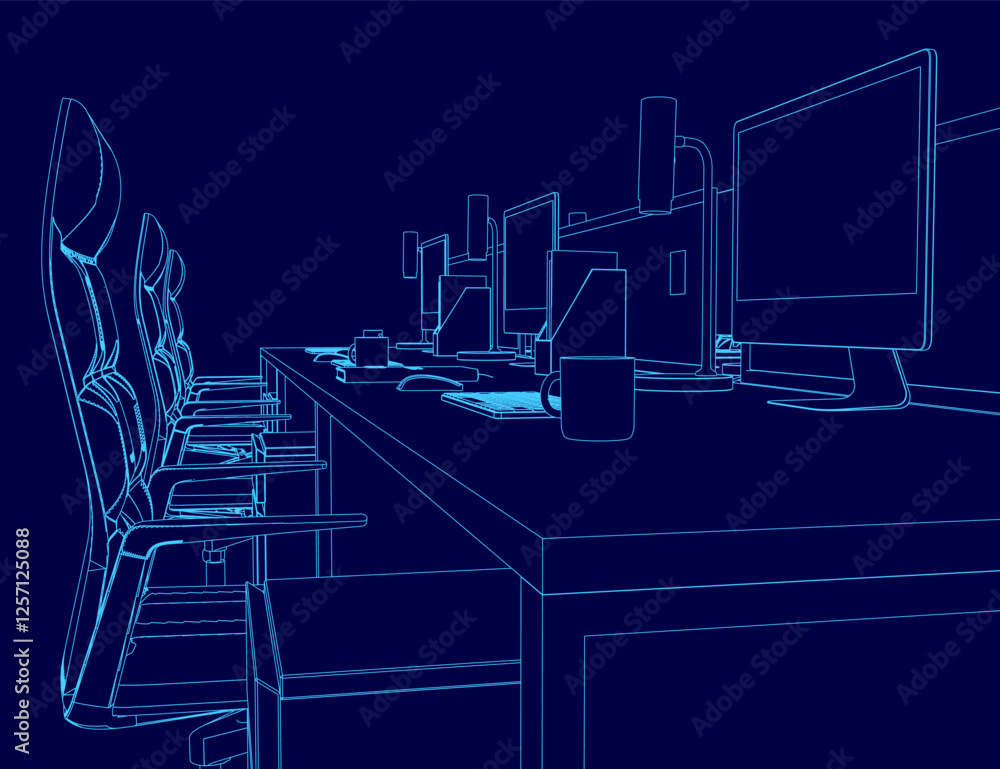 Poster a blue computer desk with a chair and a computer monitor. the desk is empty except for a keyboard an