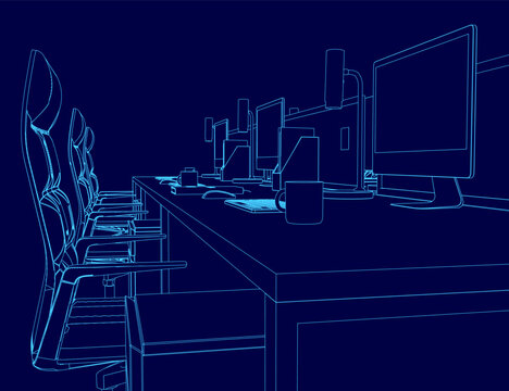 A blue computer desk with a chair and a computer monitor. The desk is empty except for a keyboard and mouse