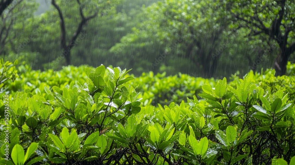 Poster a close-up of mangrove leaves with water droplets, capturing the details of their texture and color 
