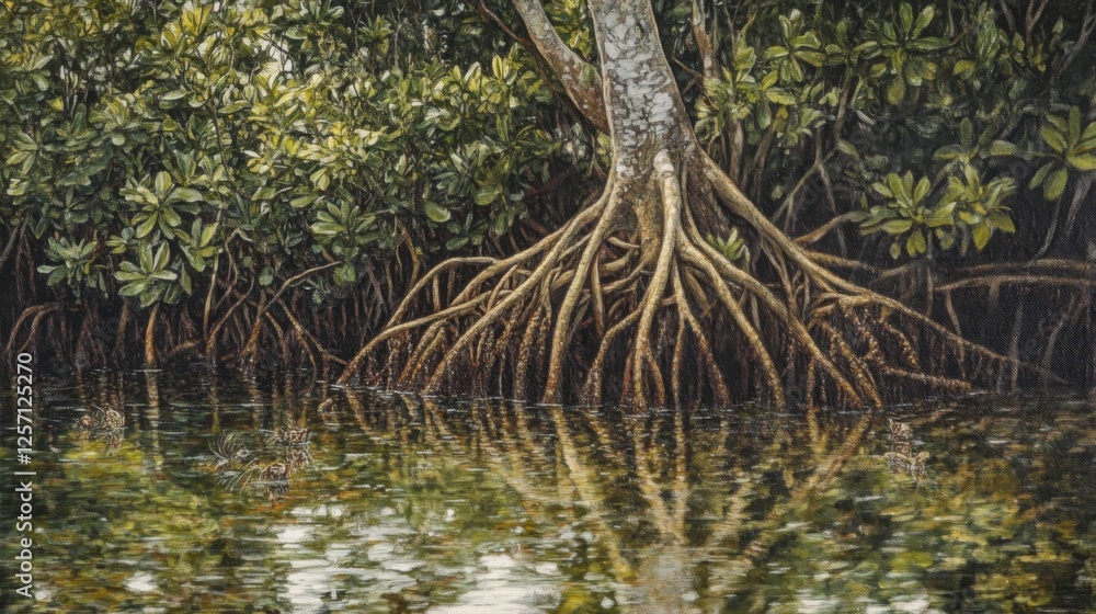 Poster a close-up of mangrove tree roots rising from the water, surrounded by lush foliage and small tidal 