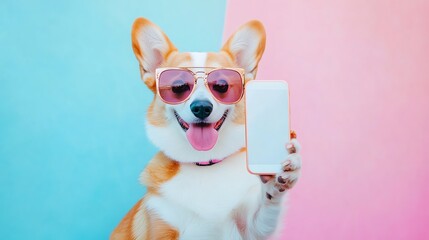 Fototapeta premium Happy dog with sunglasses and smartphone