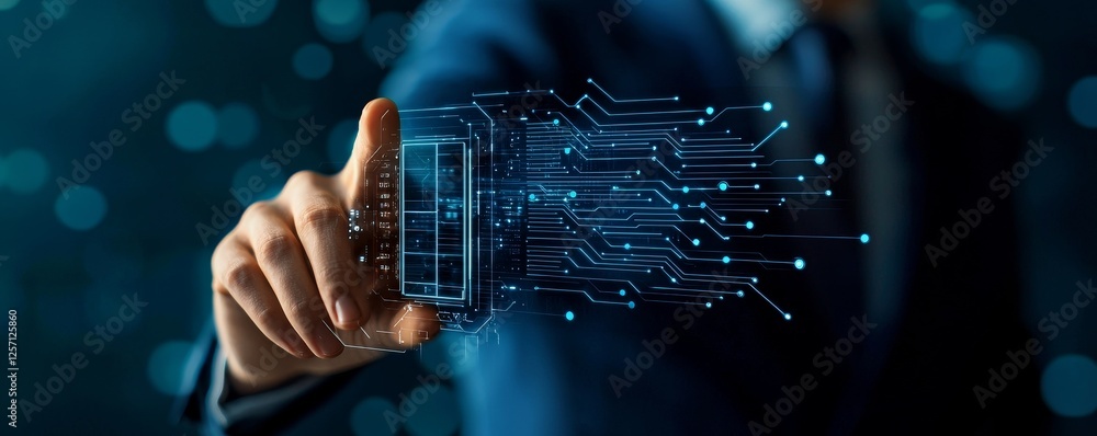 Poster real estate technology automation concept. digital interface with a hand interacting with data visua