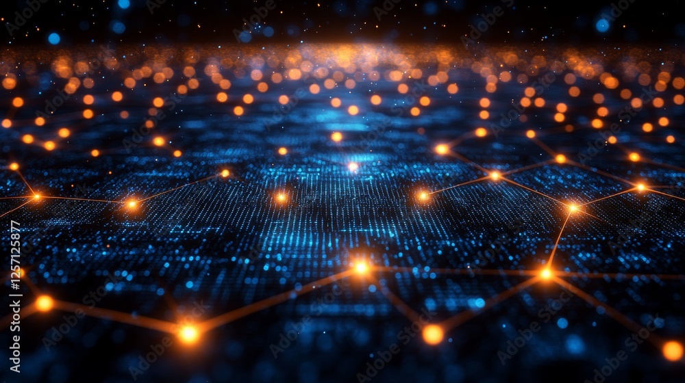 Poster Futuristic Digital Network: Interconnected Nodes on a Data Grid with Glowing Connections, Illustrating Global Communication and Technological Advancement.