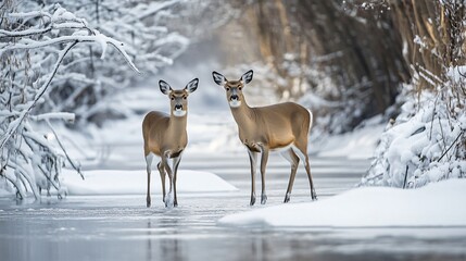 Obraz premium Two White-Tailed Deer in a Snowy Winter Landscape