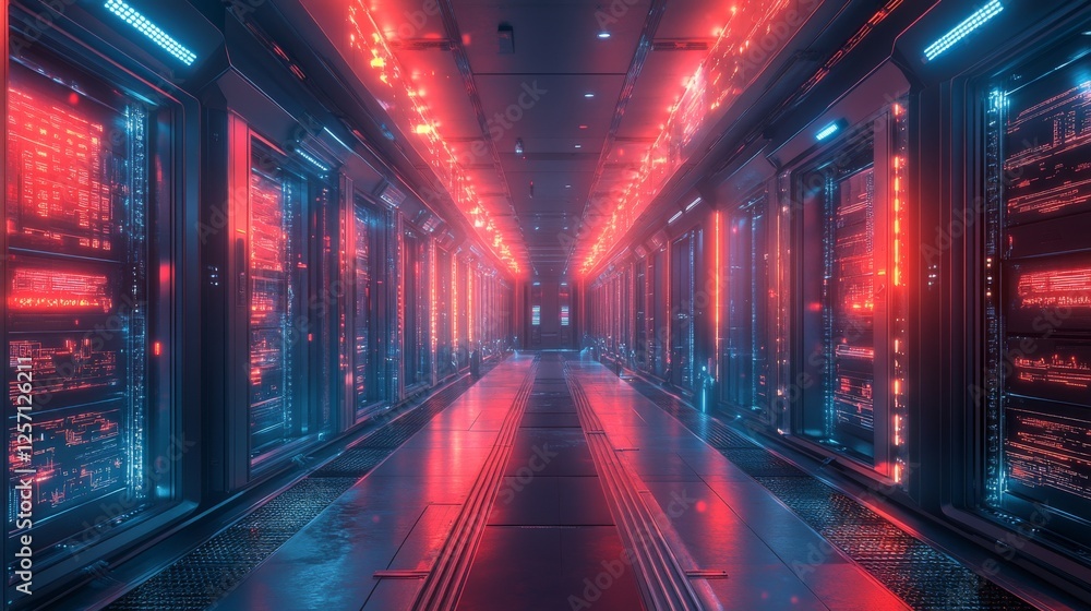 Aufkleber futuristic data center corridor: red and blue neon glow illuminating server racks in a high-tech cyb