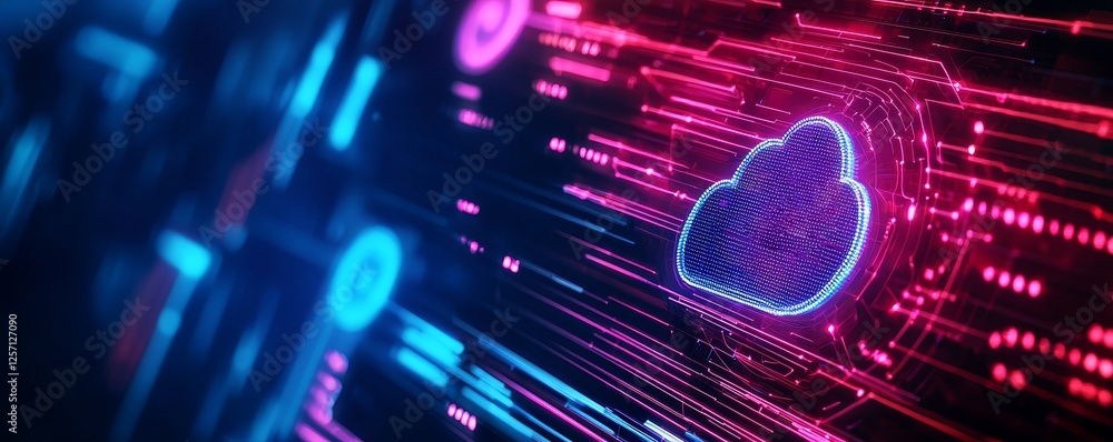 Poster fintech banking cloud computing concept. futuristic cloud technology with glowing data streams.