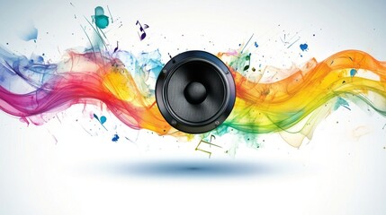 Obraz premium A creative representation of sound waves visually emanating from a speaker, illustrated with vibrant colors and energy lines, symbolizing music and audio dynamics
