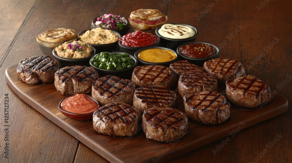 Wall mural A delicious platter of assorted grilled steaks served with a variety of dipping sauces, highlighting the diverse flavors and cuts of meat available