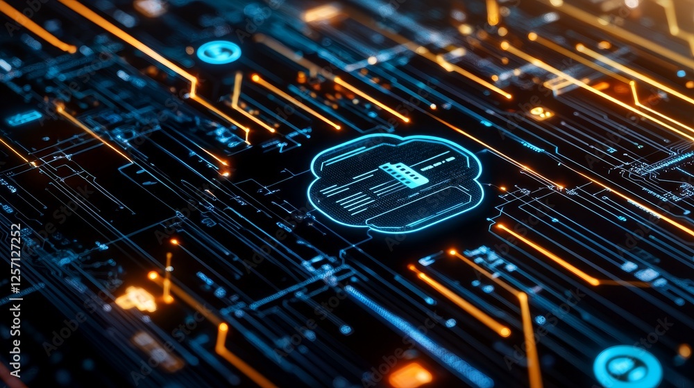 Poster fintech banking cloud computing concept. futuristic digital circuit board with glowing elements.