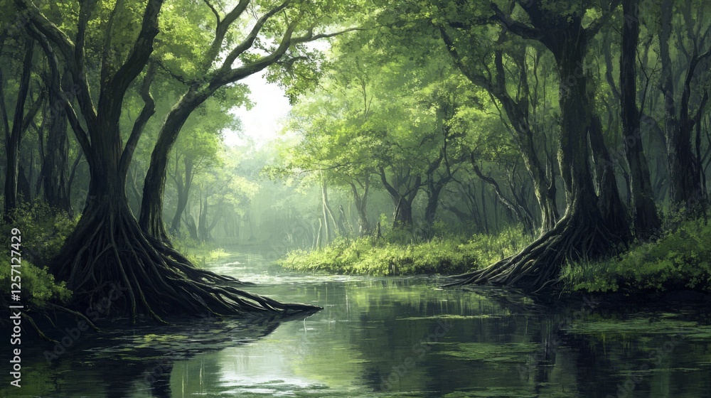 Poster A dense mangrove forest with intertwined roots and branches, creating a natural habitat for various wildlife, showcasing the rich biodiversity of the area