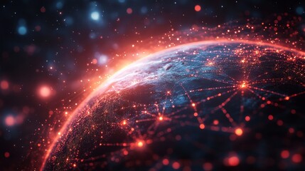 Obraz premium Global Connectivity: A Network of Red Lights on Earth Illuminating the Night Sky, Depicting Technology, Data, and International Communication