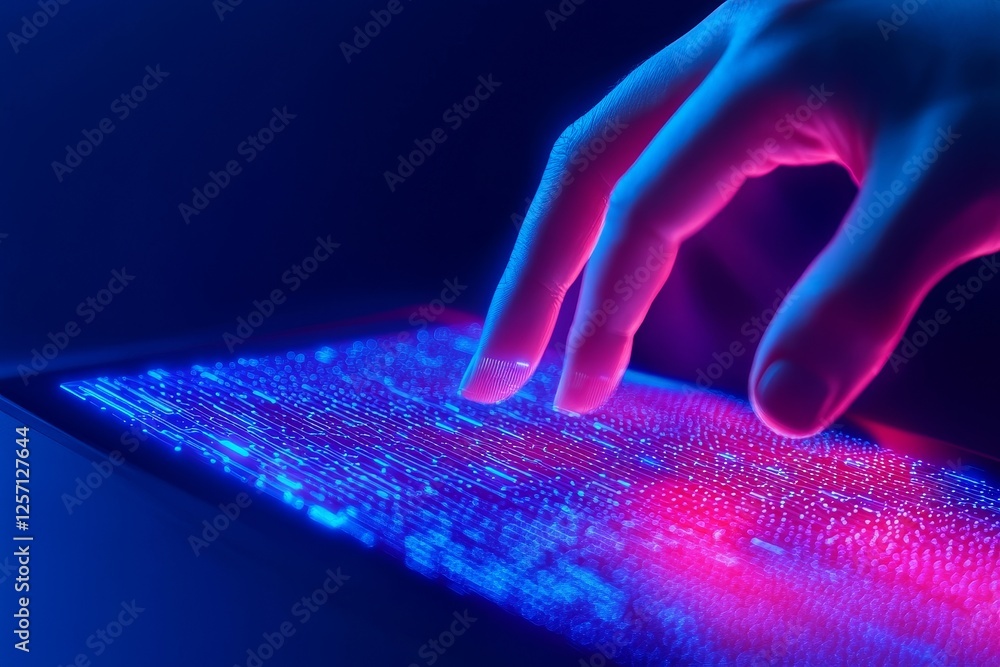 Poster fintech network smart contracts concept. futuristic hand interacting with glowing digital surface.