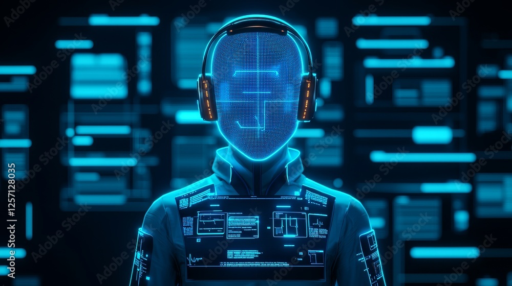 Poster health tech virtual security concept. futuristic humanoid figure with a glowing digital interface.