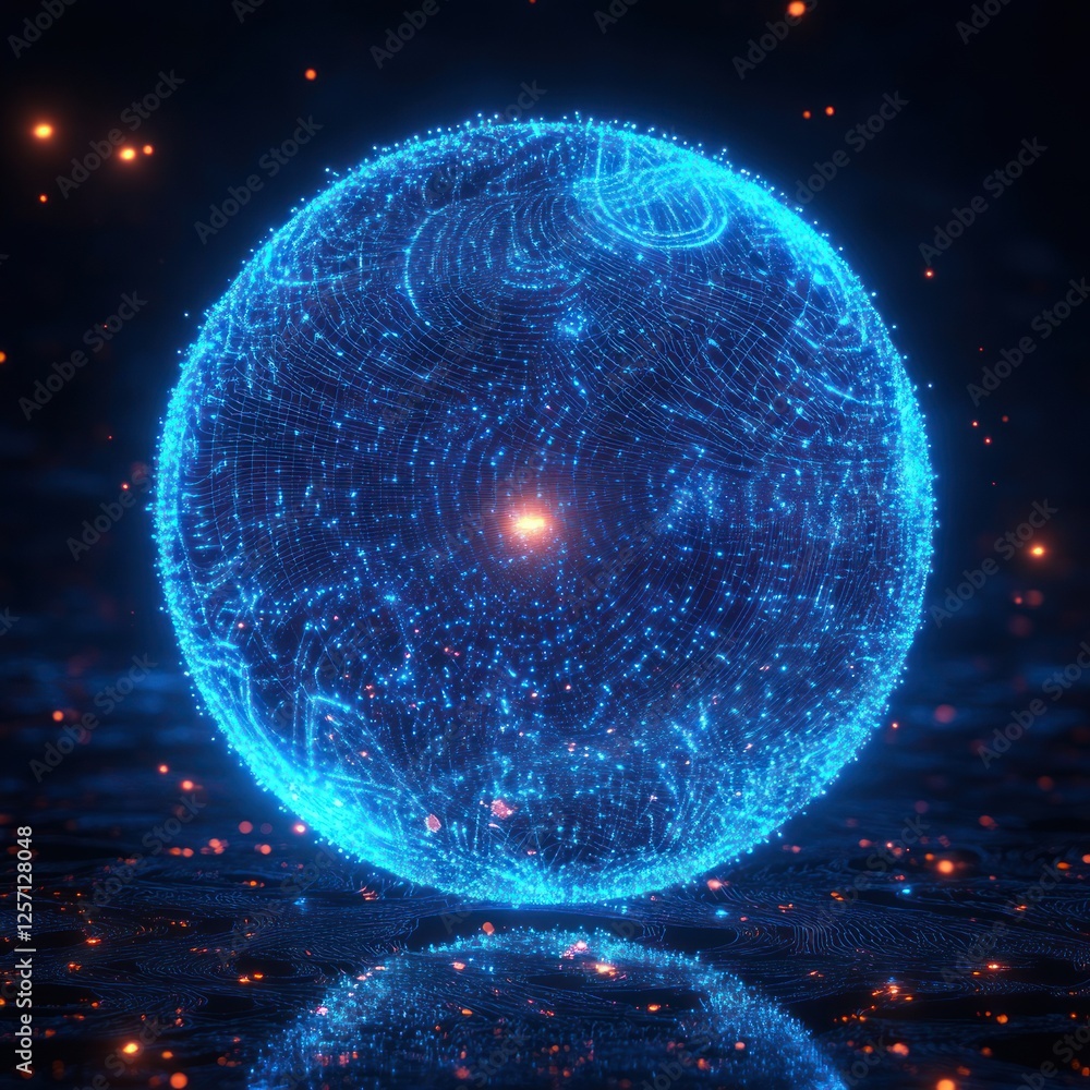 Aufkleber glowing blue sphere with twisted lines and particles in cyberpunk style