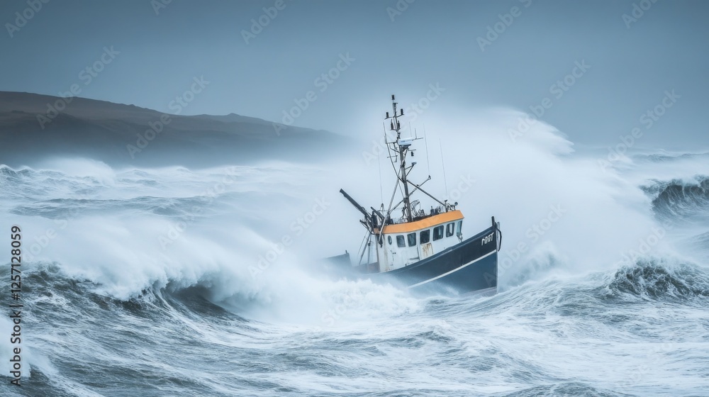 Poster a dramatic shot of a small boat battling against towering waves during a storm, highlighting the str