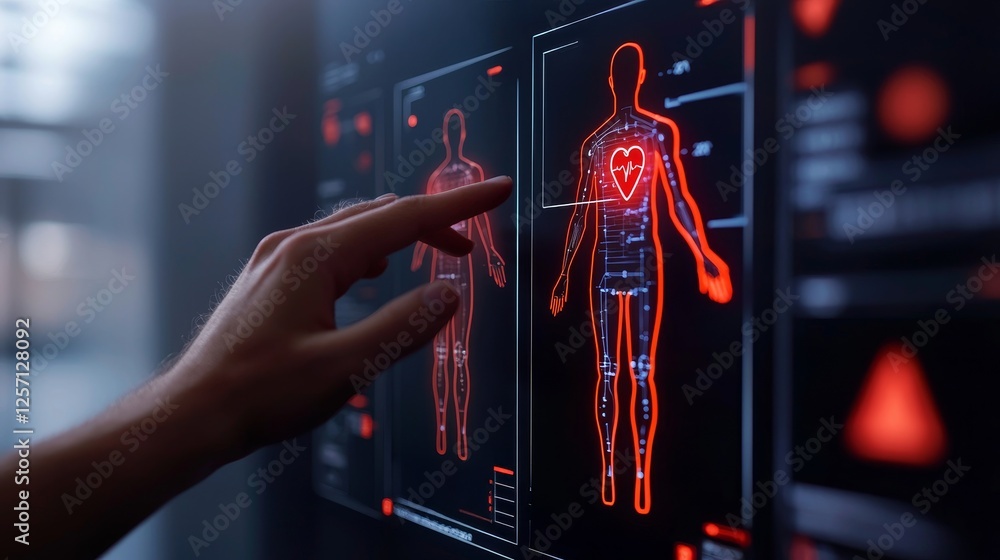 Poster health tech monitoring security concept. futuristic interface showcasing human anatomy with touch in