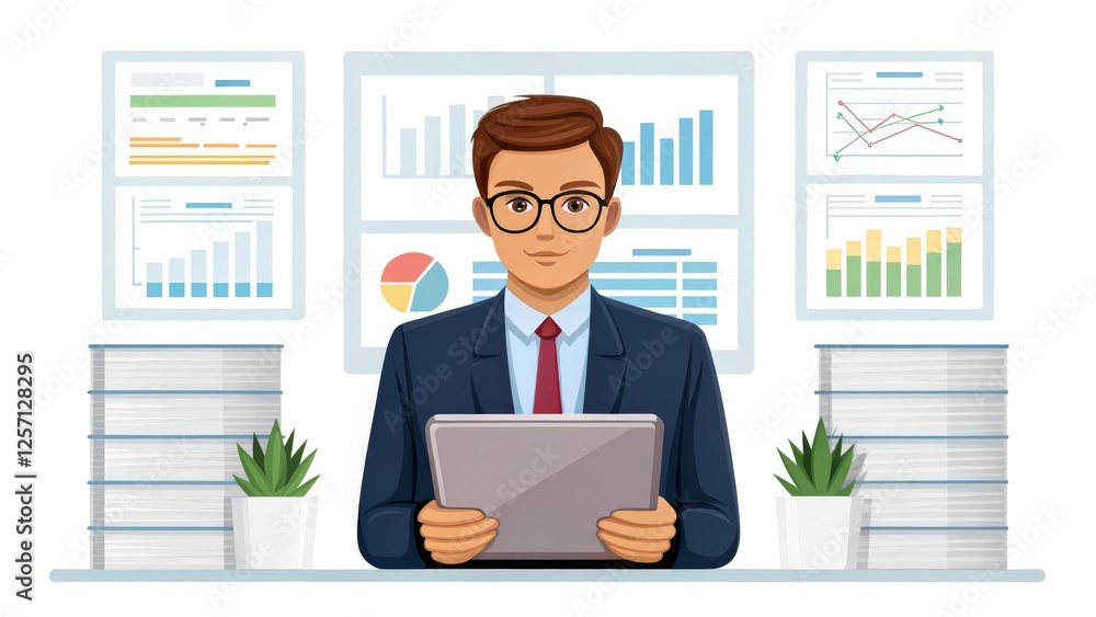 Aufkleber a businessman sitting at his desk with a serious expression as he looks at a tablet in his hands. he