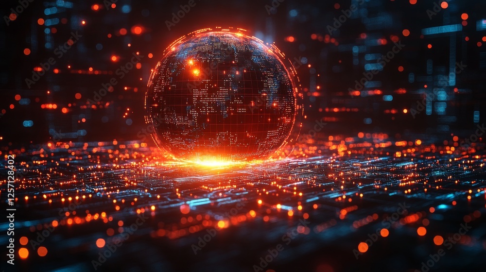 Aufkleber Global Network Visualization: Digital Sphere with Glowing Connections and Data Flow on Tech Circuit Board, Abstract Futuristic Background