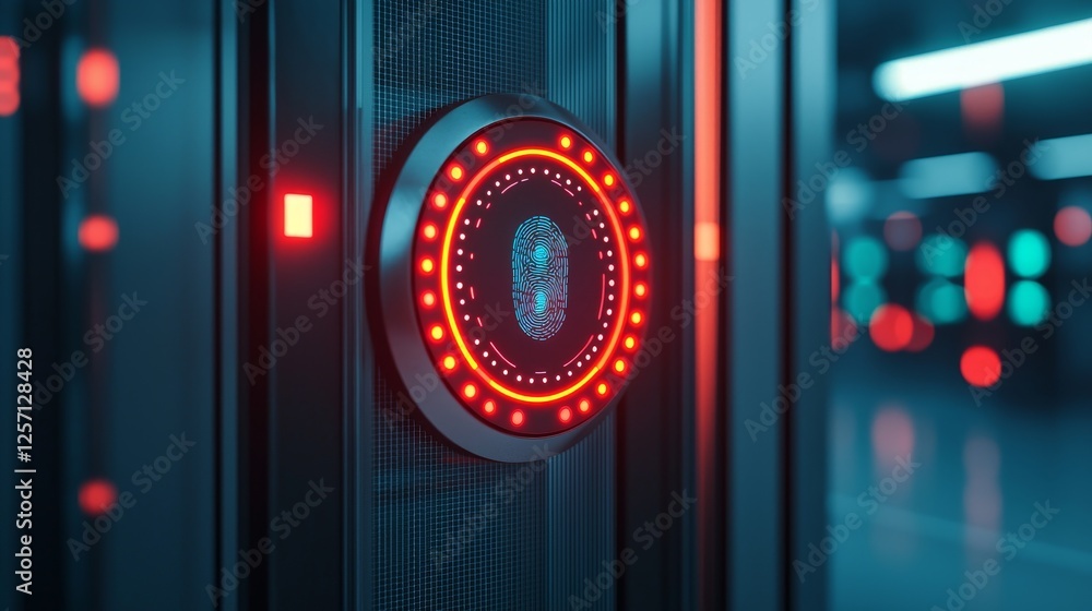 Poster health tech monitoring security concept. futuristic server panel with glowing lights and intricate d