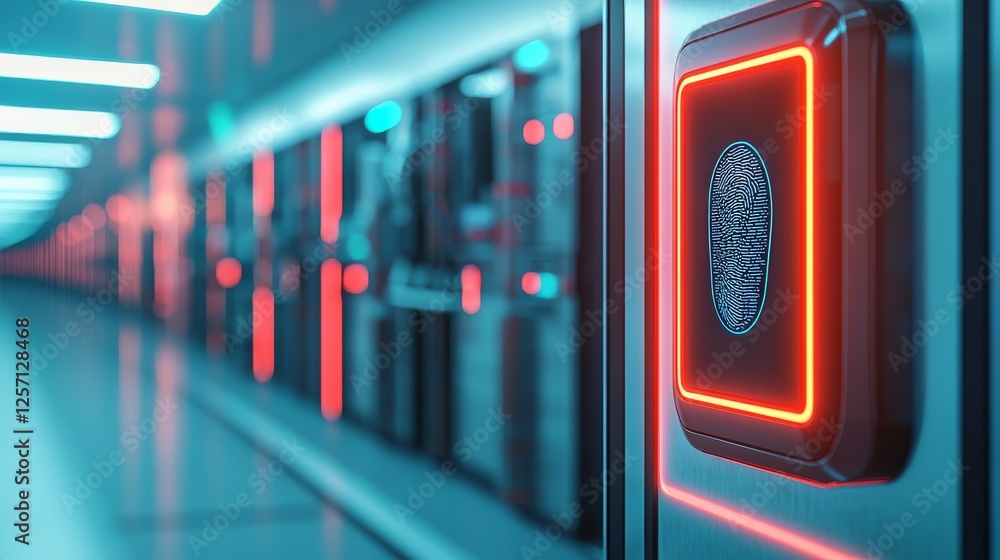 Poster health tech monitoring security concept. futuristic server room with glowing biometric interface.