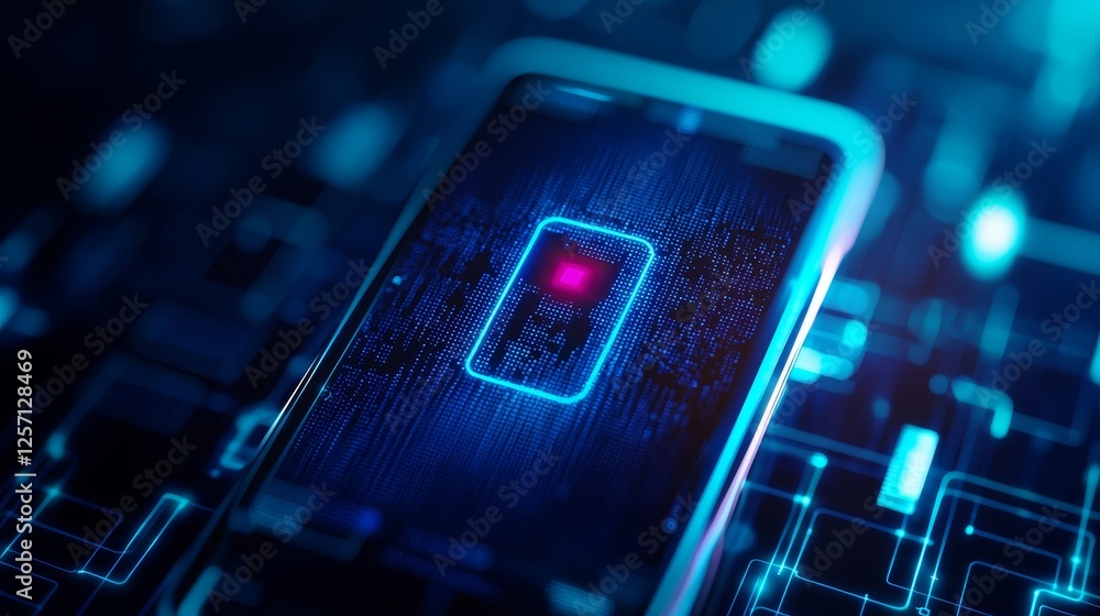 Poster health tech accessibility analytics concept. futuristic smartphone on a digital circuit background.