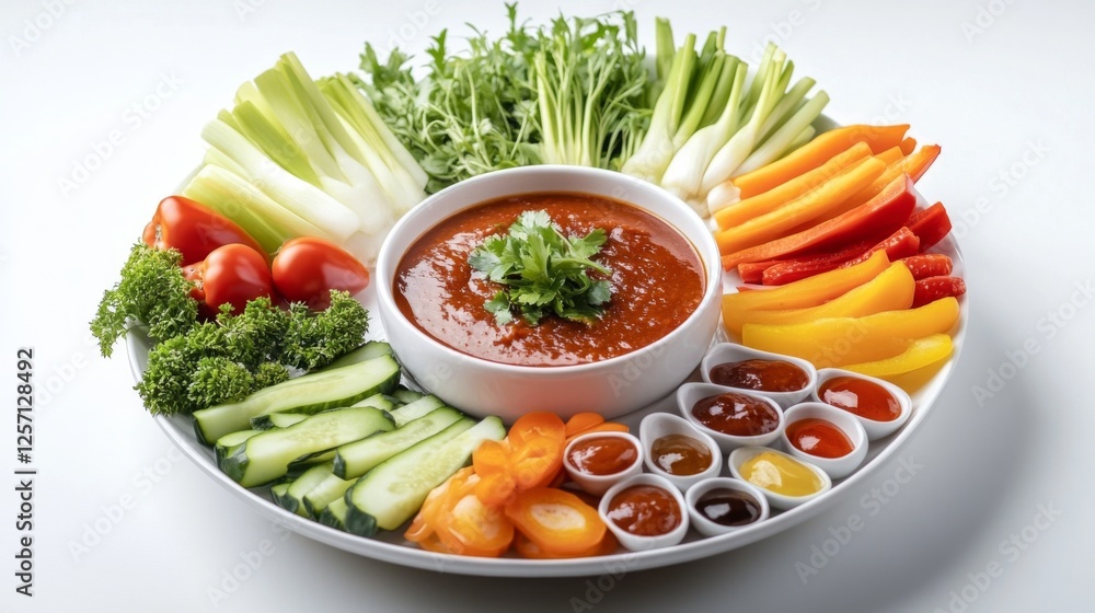 Poster A high-angle view of a beautifully plated Thai dish with a bowl of  in the center, surrounded by an array of dipping vegetables and condiments, creating an inviting and colorful meal.