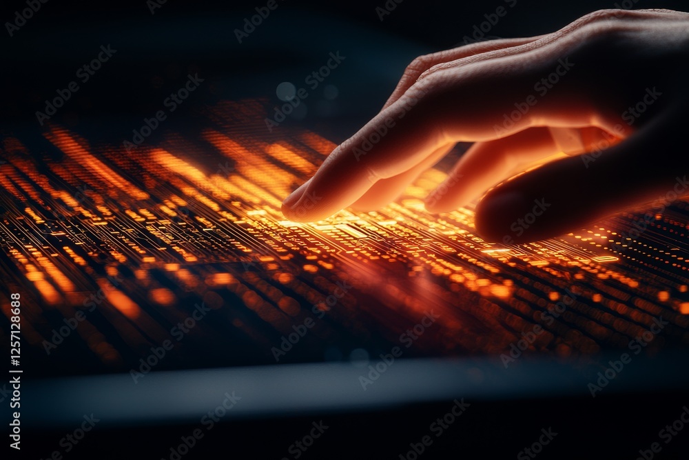 Poster fintech finance data privacy concept. glowing digital interface with a hand hovering above it.