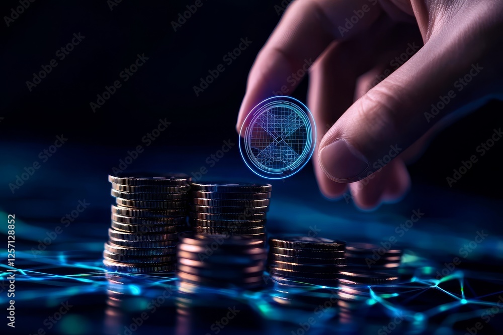 Aufkleber fintech network smart contracts concept. hand holding a digital coin over a stack of metallic coins 