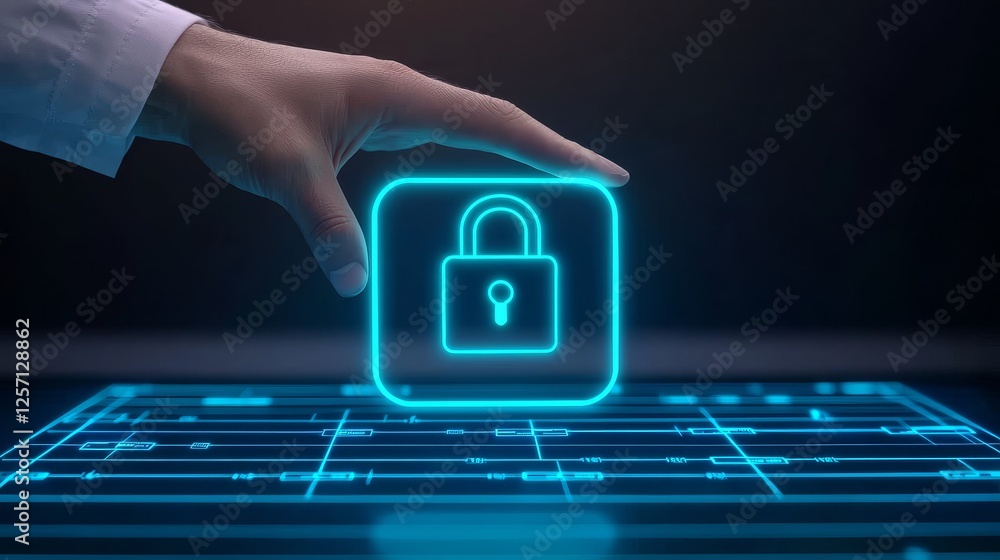 Poster health tech virtual security concept. hand engaging with a digital lock icon on a futuristic interfa