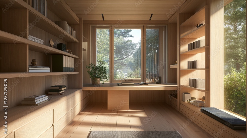 Poster a minimalistic study corner with a wooden desk, a large window letting in natural light, and a few c