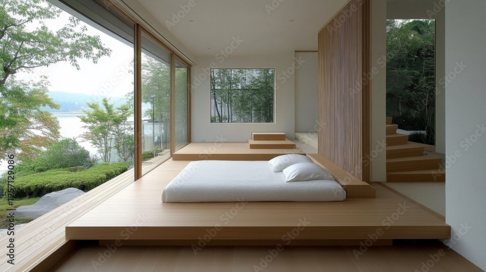 Poster a minimalist bedroom with a sleek platform bed, neutral color palette, and large windows allowing na